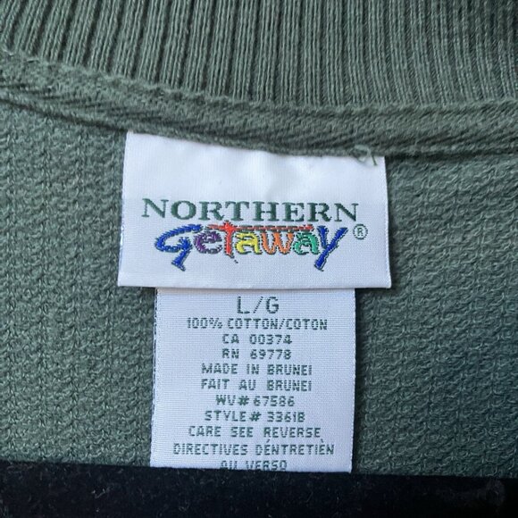 Y2K Northern Getaway Polo Long Sleeve Shirt Rugby Womens Green 90s Waffle Henley - Picture 2 of 6